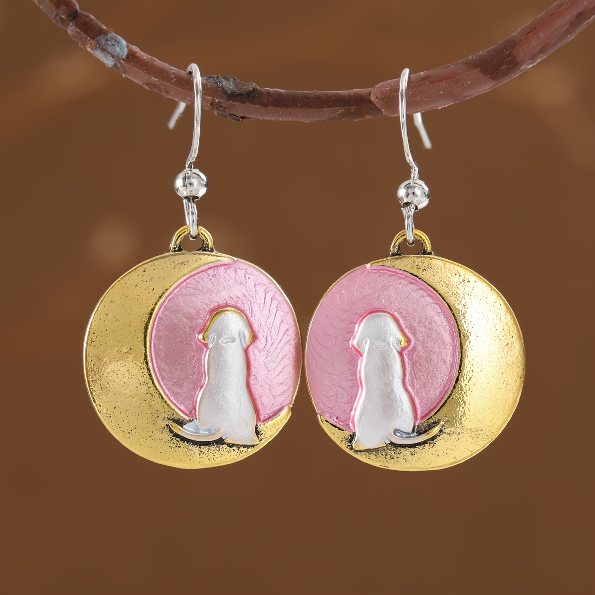 Women's Retro Distressed Two-Tone Dog Moon Earrings, Girly Style